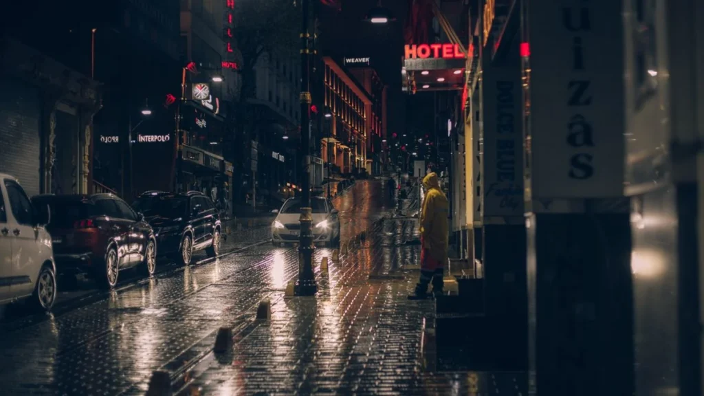 雨に濡れた暗い夜道と街灯