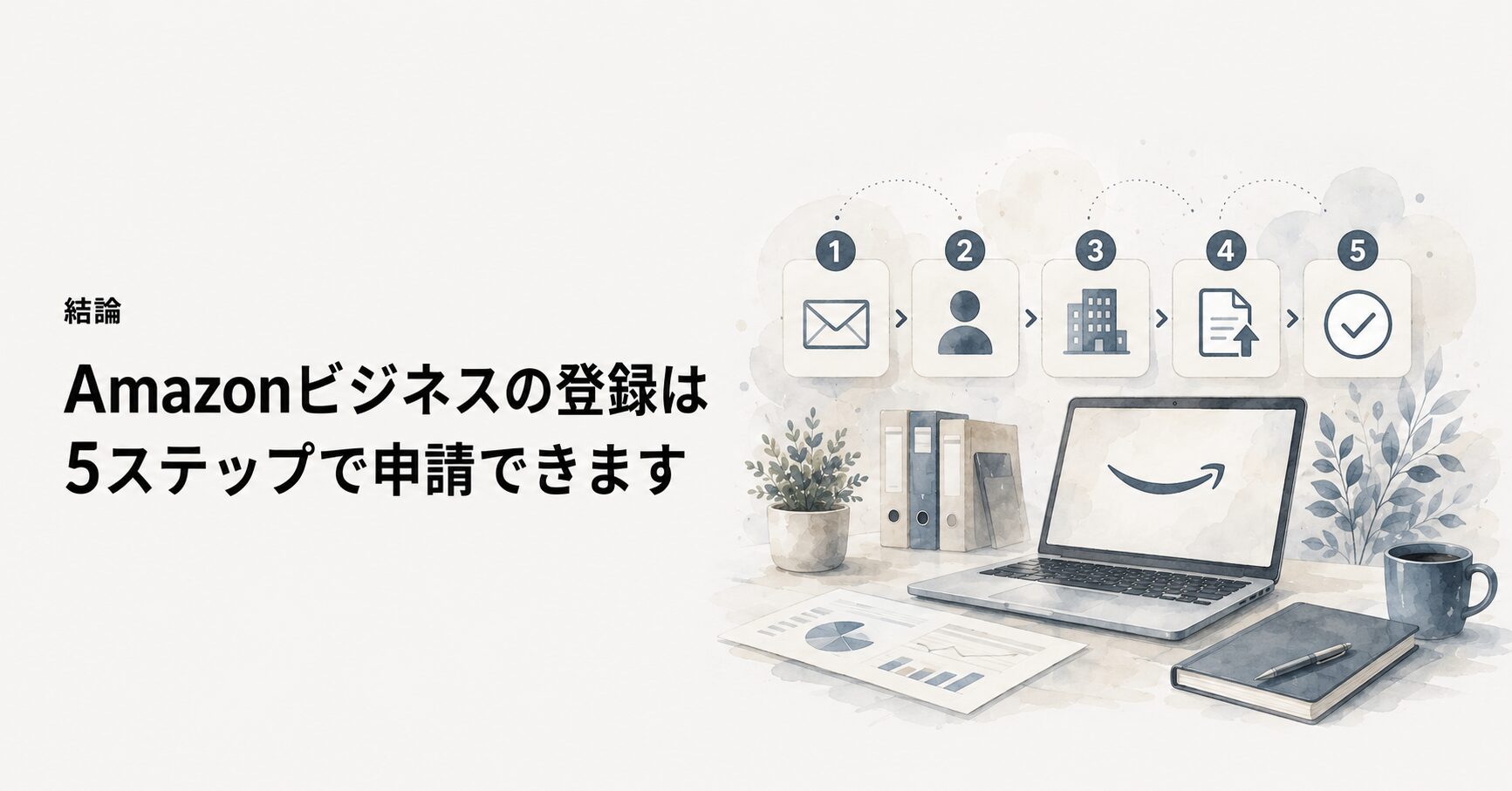 Amazonビジネスの登録は5ステップで申請できる流れの概念図