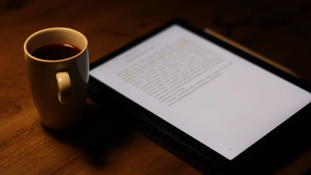 木の机でコーヒーと一緒に電子書籍を読む場面