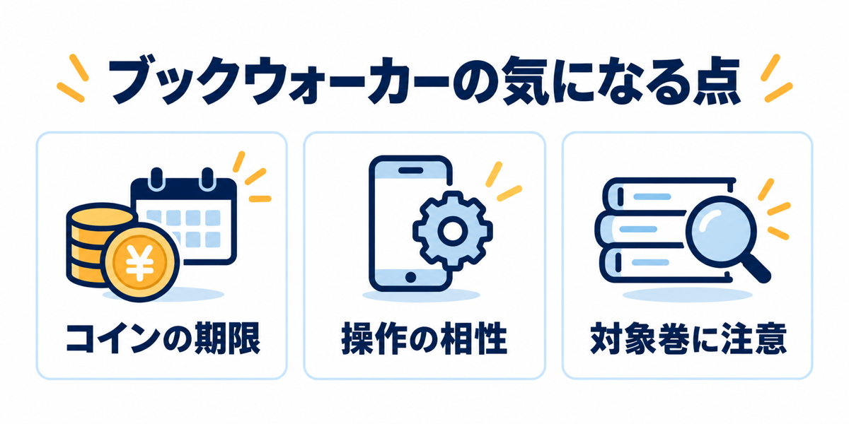 ブックウォーカーの注意点はコインの期限・操作の相性・読み放題の対象巻