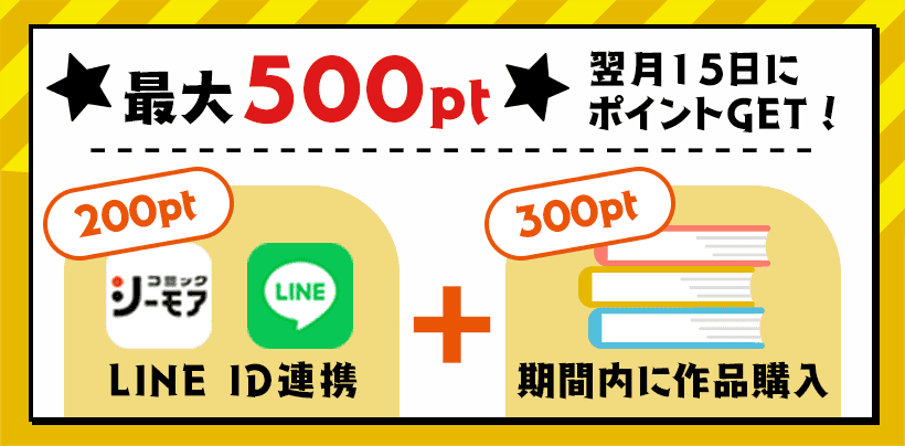 LINE ID連携200ptと期間内作品購入300ptで最大500ptを翌月15日にもらえる案内