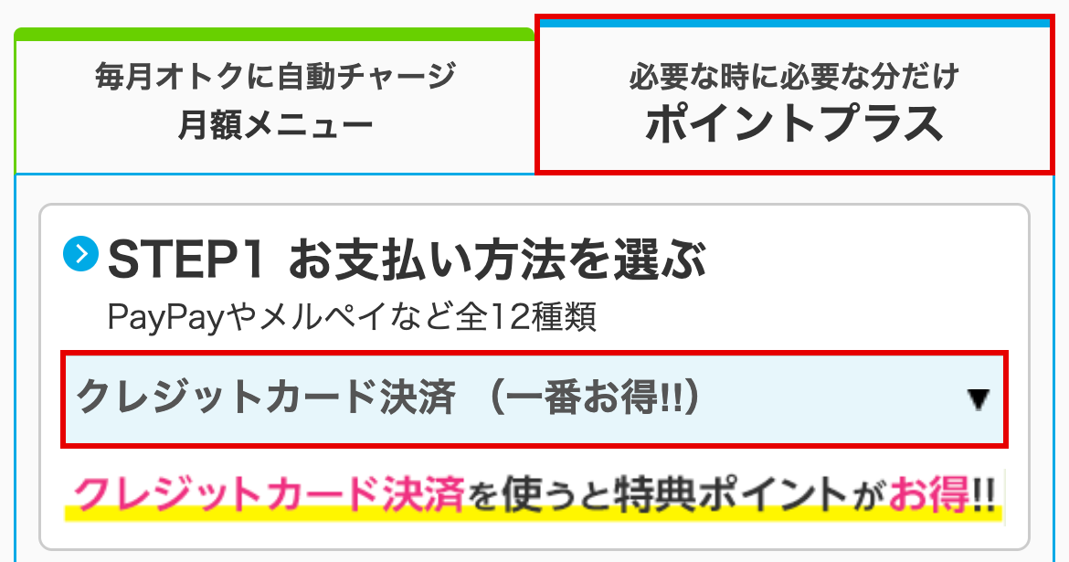 ポイントプラスタブと支払い方法を赤枠で示した実画面