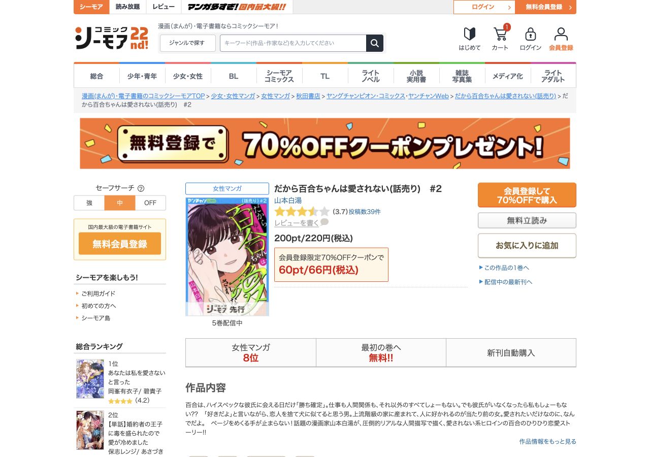 シーモア話売り2巻の通常220円と初回対象66円の表示