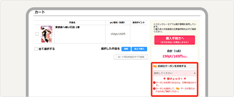 公式購入ガイドのカート画面。クーポンを選ぶ欄が赤枠で示されている