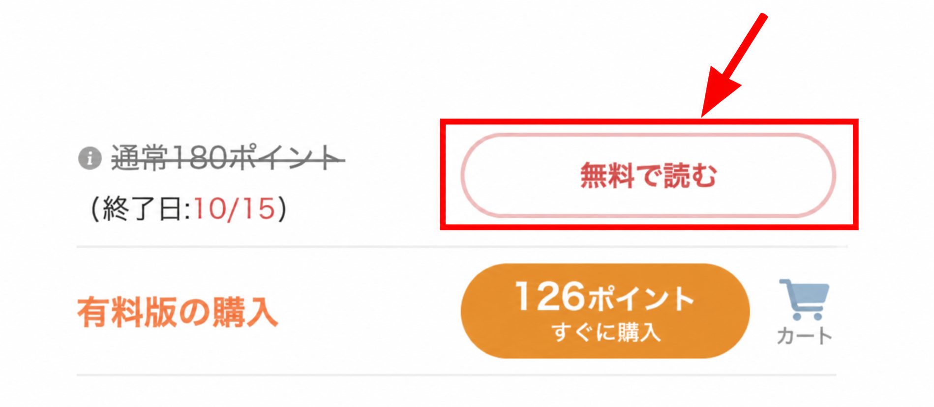 購入ボタンの上にある無料で読むボタンを赤枠と矢印で示した画面
