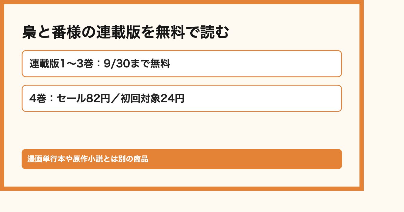 梟と番様の連載版を無料で読む。連載版1〜3巻:9/30まで無料、4巻:セール82円/初回対象24円。漫画単行本や原作小説とは別の商品