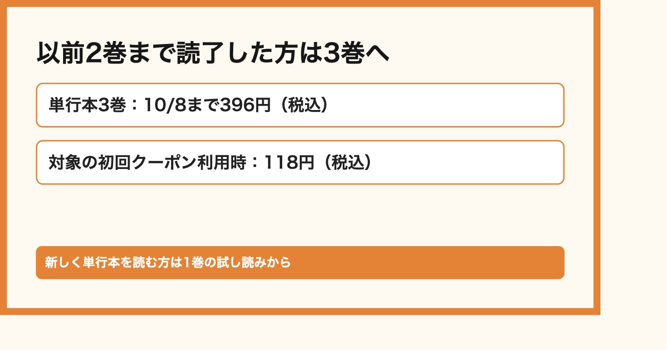 以前2巻まで読了した方は3巻へ。単行本3巻：10/8まで396円（税込）、対象の初回クーポン利用時：118円（税込）。新しく単行本を読む方は1巻の試し読みから