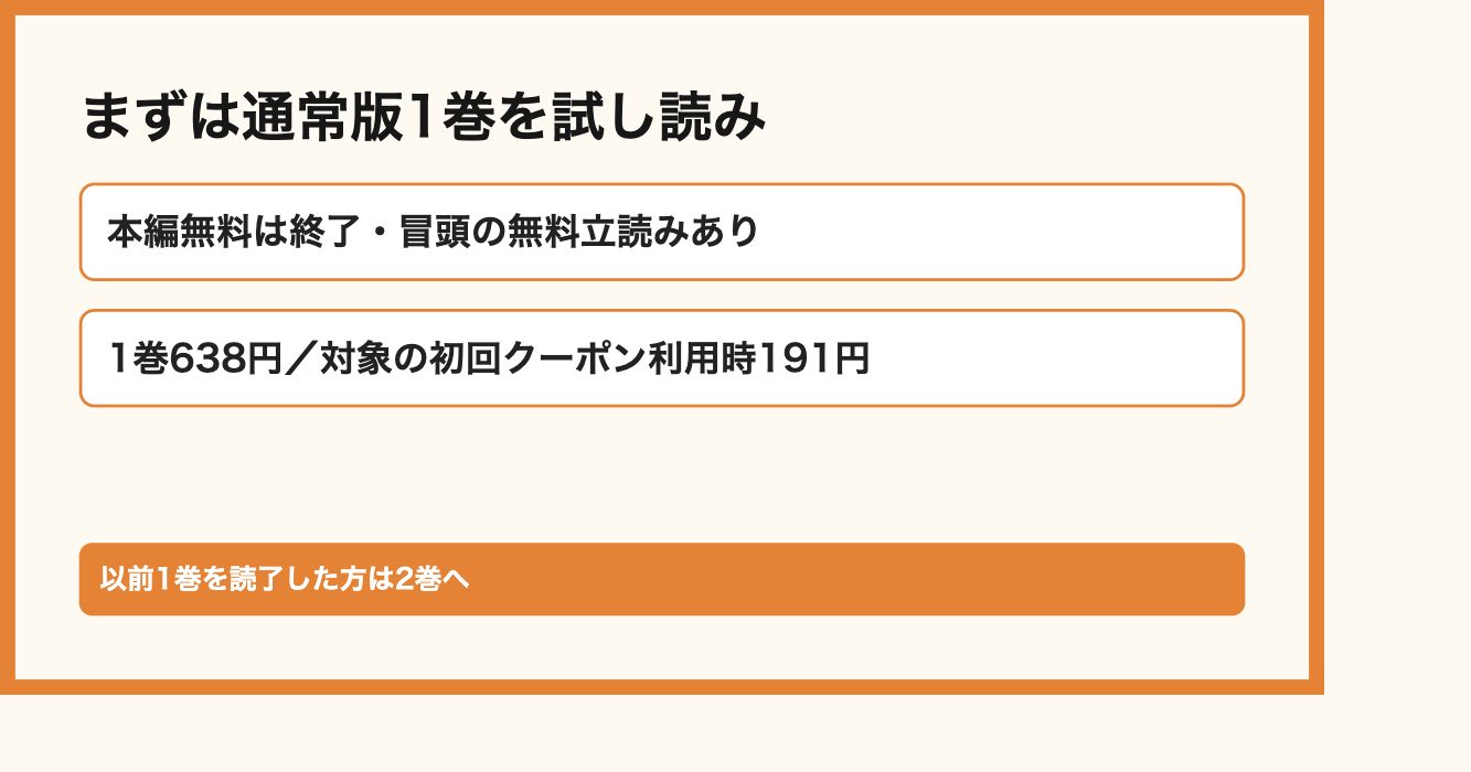 まずは通常版1巻を試し読み。本編無料は終了・冒頭の無料立読みあり、1巻638円／対象の初回クーポン利用時191円。以前1巻を読了した方は2巻へ