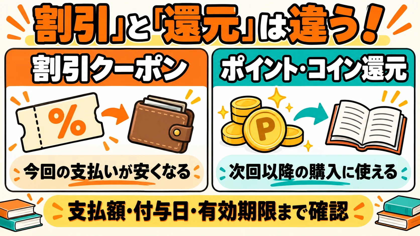 割引は今回の支払いが安くなり、ポイント・コイン還元は次回以降の購入に使える