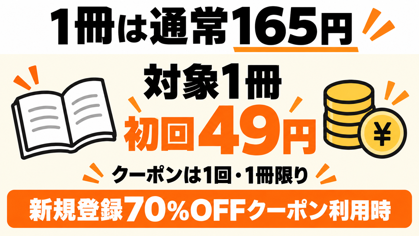 各巻は通常165円、初回70%OFFクーポン対象の1冊は49円