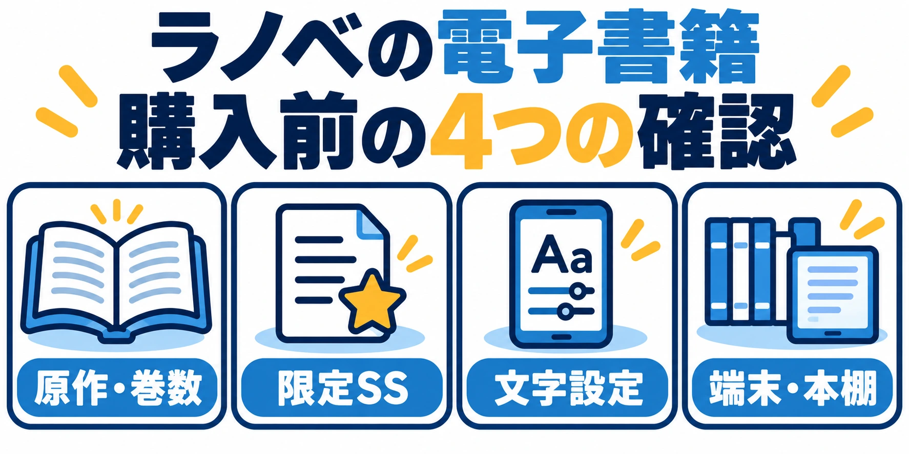 購入前に原作・巻数、限定SS、文字設定、端末・本棚の4点を確認