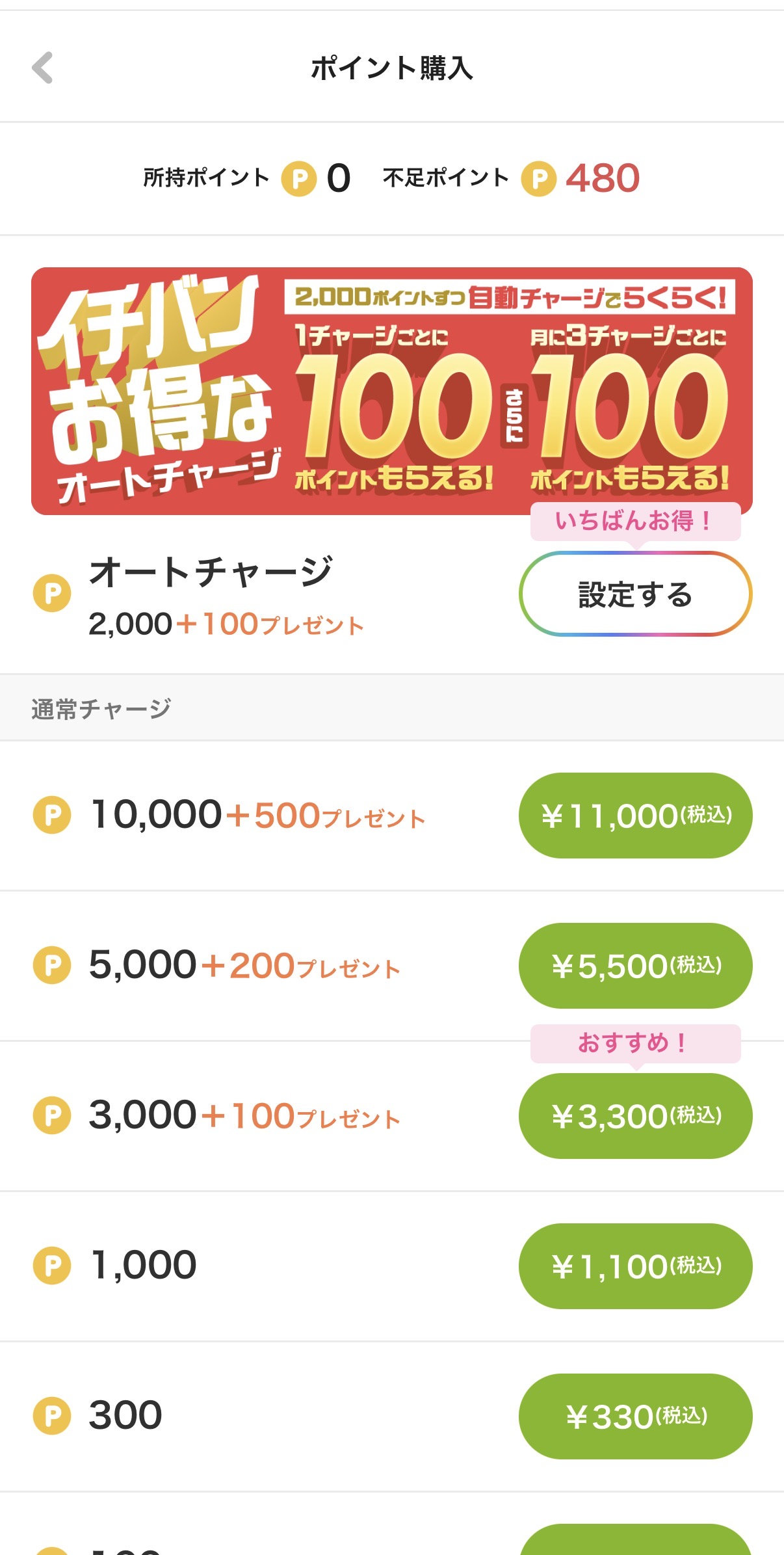 所持0ポイント・不足480ポイントの場合の通常チャージとオートチャージの選択画面