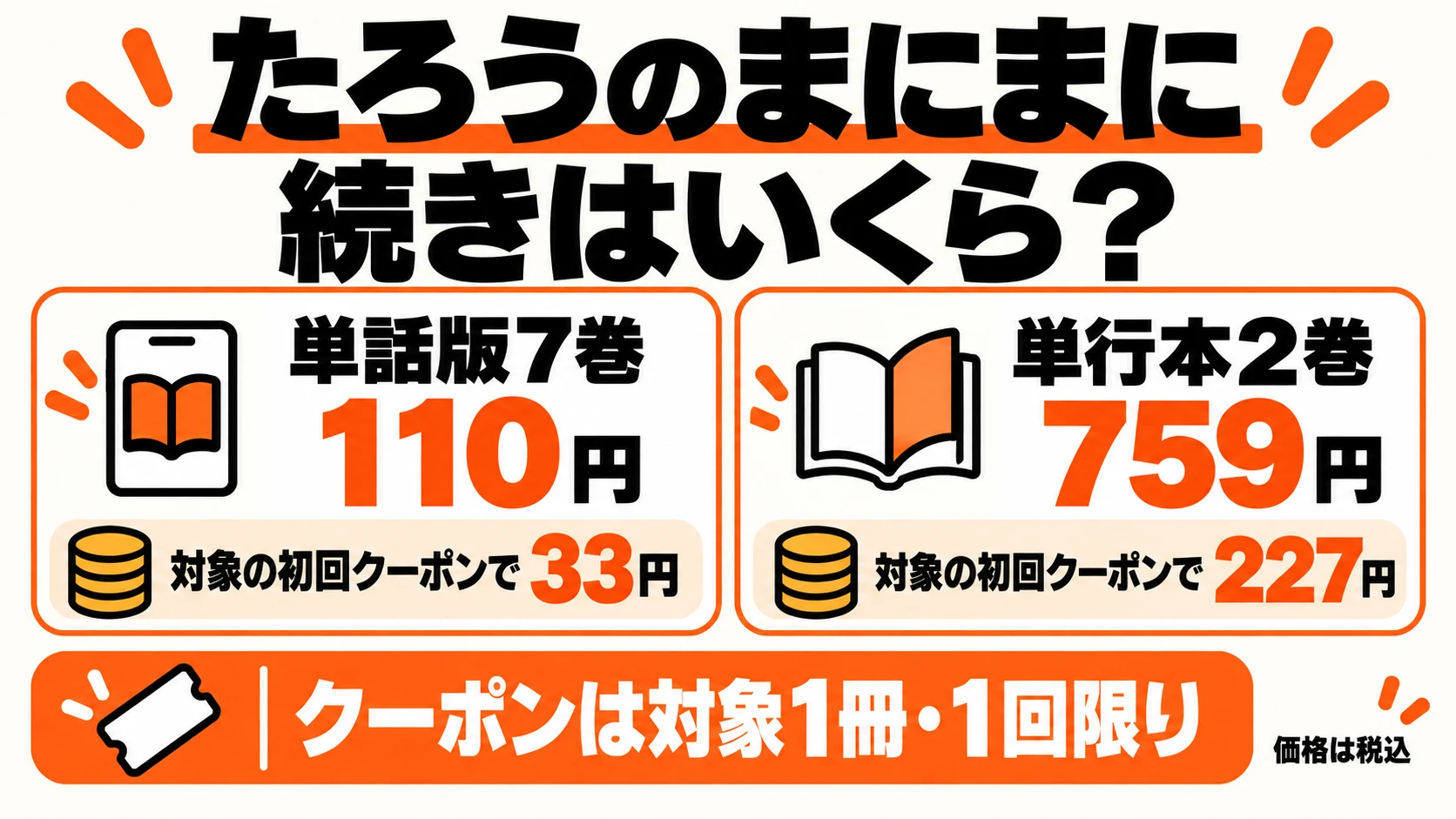 単話版7巻110円と単行本2巻759円、対象初回クーポンの価格