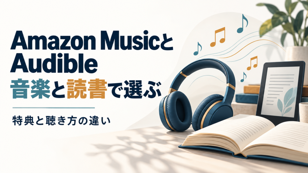 Amazon MusicとAudibleの特典と聴き方を比較する記事のアイキャッチ
