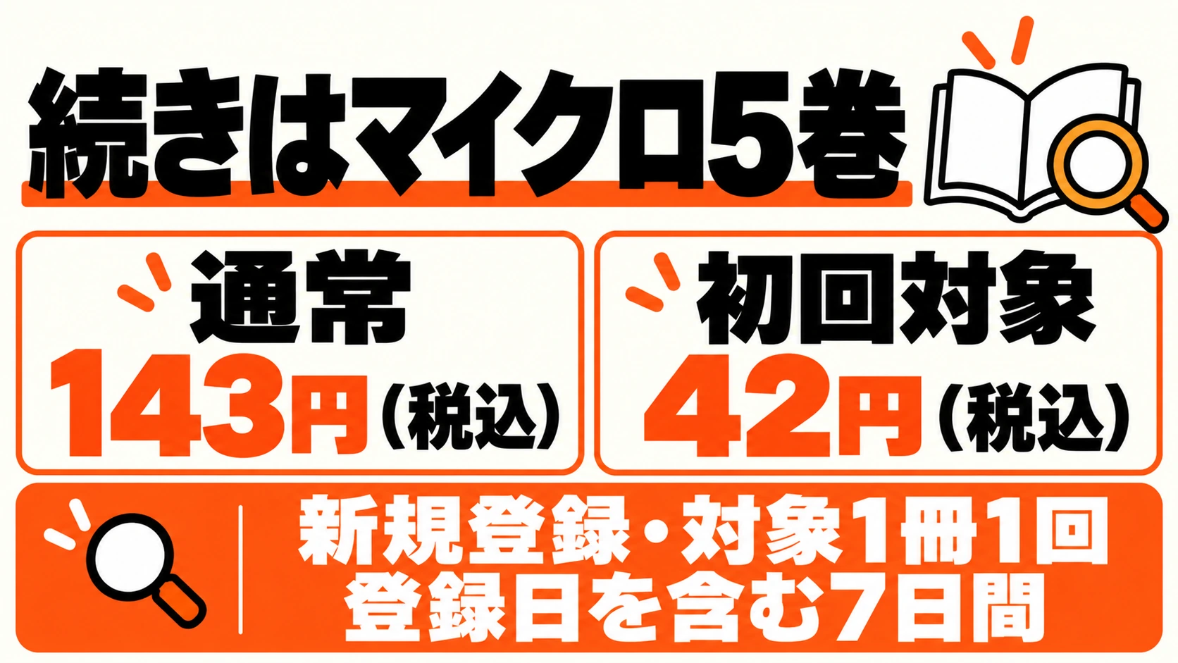 続きのマイクロ5巻は通常143円(税込)、新規登録クーポン対象なら42円(税込)。対象1冊1回、登録日を含む7日間